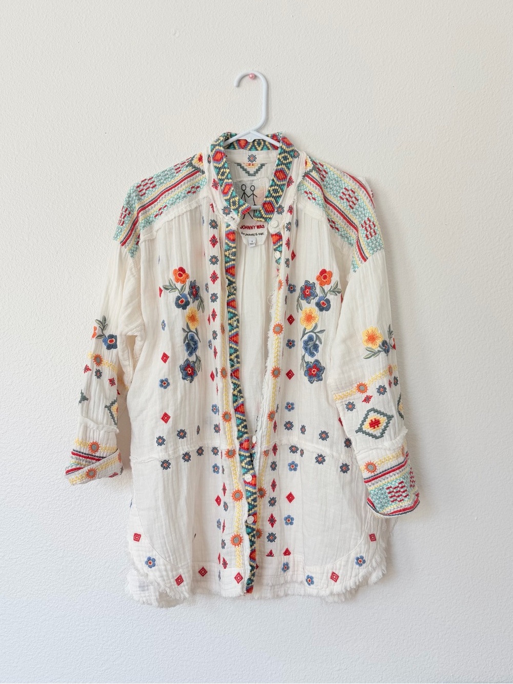 Johnny Was Cream Embroidered Open-Front Tunic with Multicolor Floral Trim